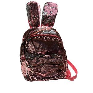 Girls Pink Sequin Bunny Ears Backpack Gift Pockets Zipper